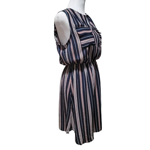 Monteau Womens Size Large Preppy Blue Coral White Striped Sleeveless Midi Dress - Picture 4 of 9